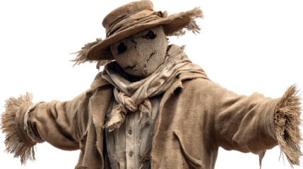 Scarecrow Silhouette in the Field: A rustic scarecrow with a burlap sack head and straw-stuffed body stands tall, its outstretched arms welcoming, evoking a sense of autumn, harvest, and rural charm.