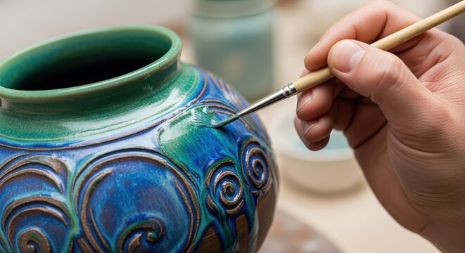 A brush applying a colorful glaze to a ceramic mug