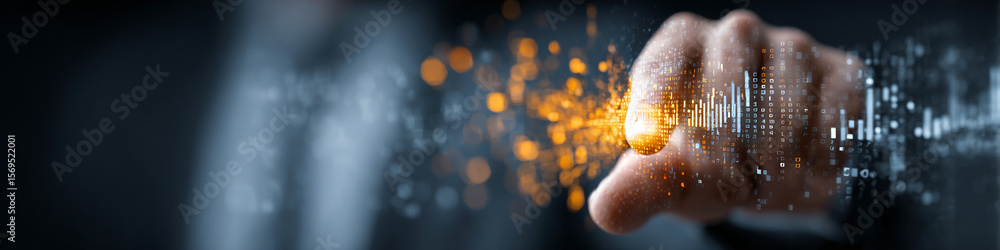 Poster a hand with digital interface and sparks emanating from the fingers