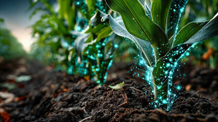 A young corn plant grows in rich soil, highlighted with glowing digital data streams suggesting smart agriculture technology
