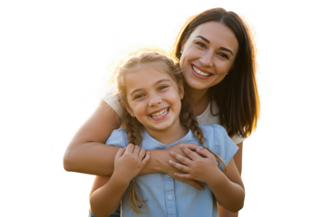 A happy mother embraces her daughter with love isolated on transparent background