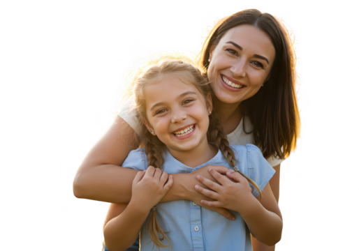 A happy mother embraces her daughter with love isolated on transparent background