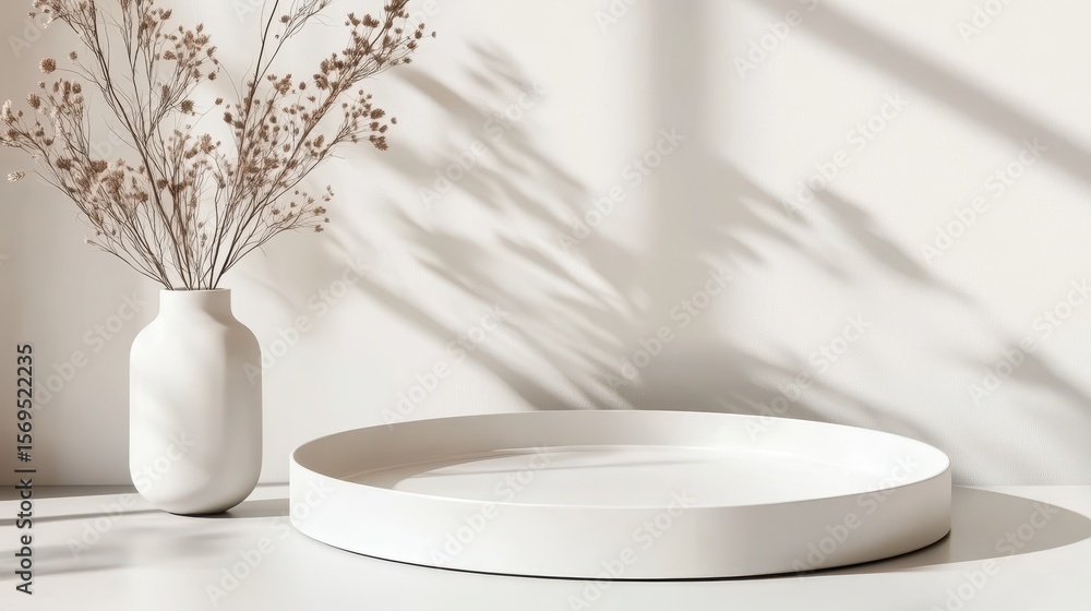 Poster white round display platform with dried flowers in a vase.
