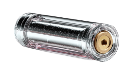 Transparent object: A close-up shot of a sleek, transparent object with a golden component, reflecting light and creating a sense of curiosity.