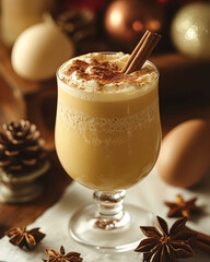 Glass of coffee with a cinnamon stick on top. The cinnamon stick is floating in the coffee, creating a warm and inviting atmosphere. The coffee is served in a clear glass