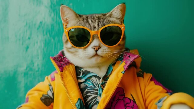 A cat with sunglasses and a vibrant jacket strikes a confident pose in front of a colorful wall in a trendy setting