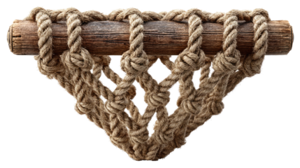 Knotwork of Ropes: Intricate knotwork of ropes, highlighting texture of rope and wooden texture with a neutral backdrop.