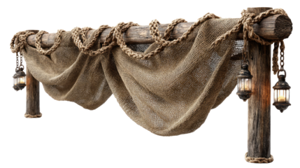 Rustic Canopy: A close-up shot of a weathered wooden canopy, adorned with draped burlap fabric and woven ropes, showcasing hanging lanterns that illuminate the scene.