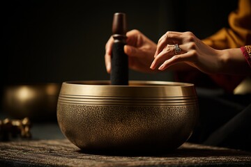 An atmospheric, detailed shot of a handcrafted brass singing bowl, its metallic texture highlighted by dramatic, low-key lighting against a dark, serene background.

