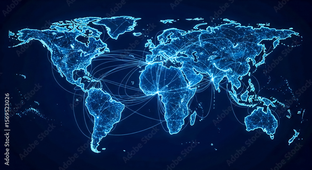 Poster glowing blue world map with lines showing global network connections, futuristic technology backgrou