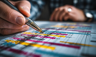 Person holding pen over colorful chart with hand wearing ring visible