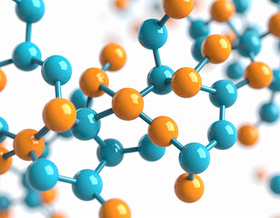 Molecular structure illustration with blue and orange spheres connected by thin rods, against a white background.