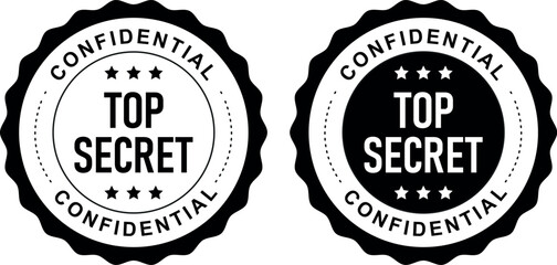 Top Secret badges with confidential label in black and white circular stamp style for secure or restricted information	