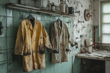 Old dirty lab coats hanging on hooks inside abandoned science laboratory interior created by generative ai