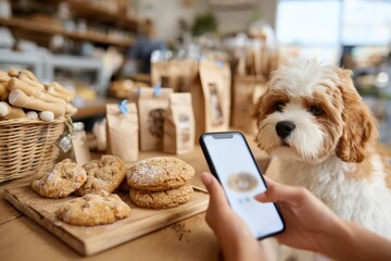 A person takes a picture of freshly baked cookies with a smartphone while a curious dog watches eagerly in a cozy bakery setting filled with treats