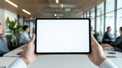 Hands Holding Tablet with Blank Screen in Modern Business Meeting tablet hands holding business work