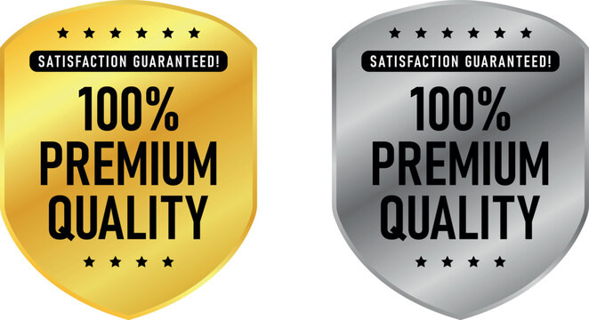 100% Premium Quality shield badges in gold and silver with satisfaction guaranteed text for product trust and branding	