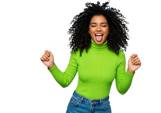 A cheerful young woman with curly hair sticks her tongue out while dancing isolated on a transparent background