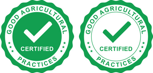 Good agricultural practices certified green labels with checkmark icons for farming and food safety	