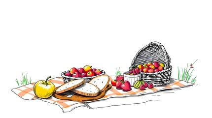 A hand-drawn sketch of a Boho picnic scene with fruit and bread on a white background, rendered in a bright, vibrant, and colorful sketchnote style. The style is dramatic and cinematic, with lively