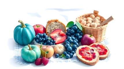 A Boho picnic scene on a white background featuring fruit and bread, rendered in cool blues, greens, and purples. The style is whimsical and lighthearted, focusing on soft lighting and a relaxed