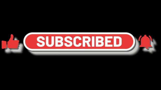 Bouton rouge "SUBSCRIBED" en anglais avec main cliquante, pouce lev&eacute; et cloche de notification sur fond noir, design moderne pour contenu YouTube, marketing vid&eacute;o ou appel &agrave; l&rsquo;abonnement