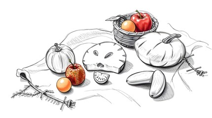 A dramatic, cinematic hand-drawn sketch of a Boho picnic scene featuring fruit and bread on a white background.  The style utilizes rough lines, textured pencil strokes, a film-like composition