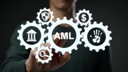 Man Tapping AmL Anti Money Laundering Gear Icon in Dark Background with Shield Dollar Bank Hand and Magnifier Symbols