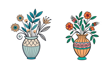 Two illustrated vases with colorful floral arrangements against a white background.