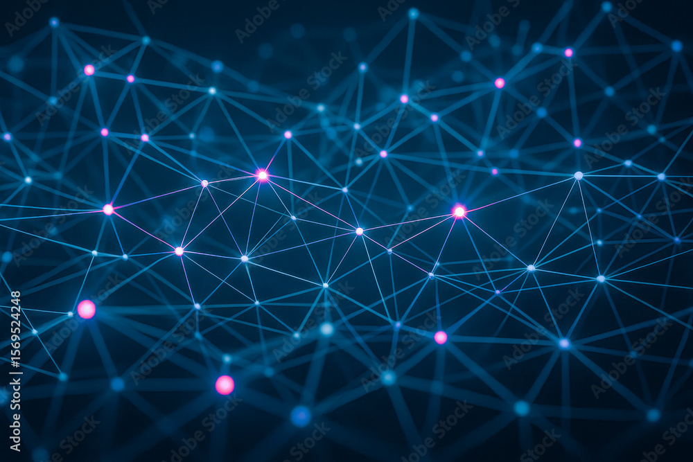 Poster abstract network connection background with glowing nodes, blue and pink plexus structure representi