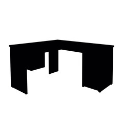 Silhouette of L-shaped desk with storage, workspace efficiency, white background