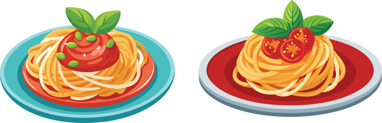 Two Plates of Delicious Looking Cartoon Spaghetti with Tomato Sauce and Basil.