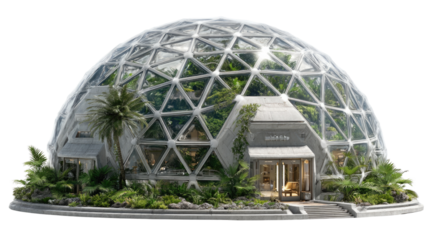 Architectural Oasis: A modern geodesic dome greenhouse sanctuary, showcasing a sustainable design. The glass facade encapsulates flourishing foliage, hinting at the serene indoor ecosystem.