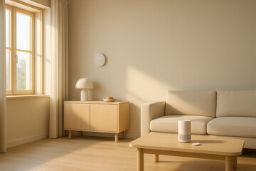 Minimalist living room with smart speaker, beige sofa, wooden table, modern lamp, bright window, clean design, natural light, comfortable interior