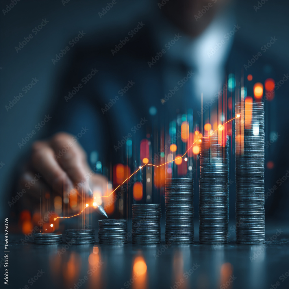 Poster man showing financial growth with stacked coins and digital graph overlay