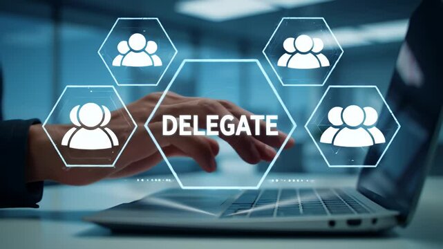 Closeup of Hand Interacting with Delegate Button on Laptop Screen in Modern Blue Office with Glowing Hexagons and Virtual Interface