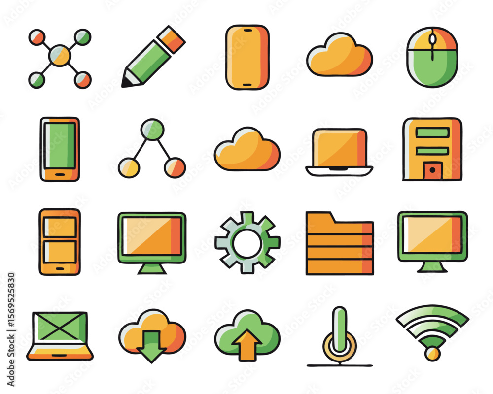 Aufkleber modern abstract digital backdrop featuring a collection of diverse technological symbols and geometr