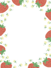 Cute hand-drawn strawberry border frame with white flowers on a transparent background. Perfect for summer greeting cards, invitations, labels, packaging, summer menu templates and digital designs