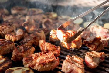 Chicken, pork meat and vegetables cooked on rostil grill, traditional meat dish