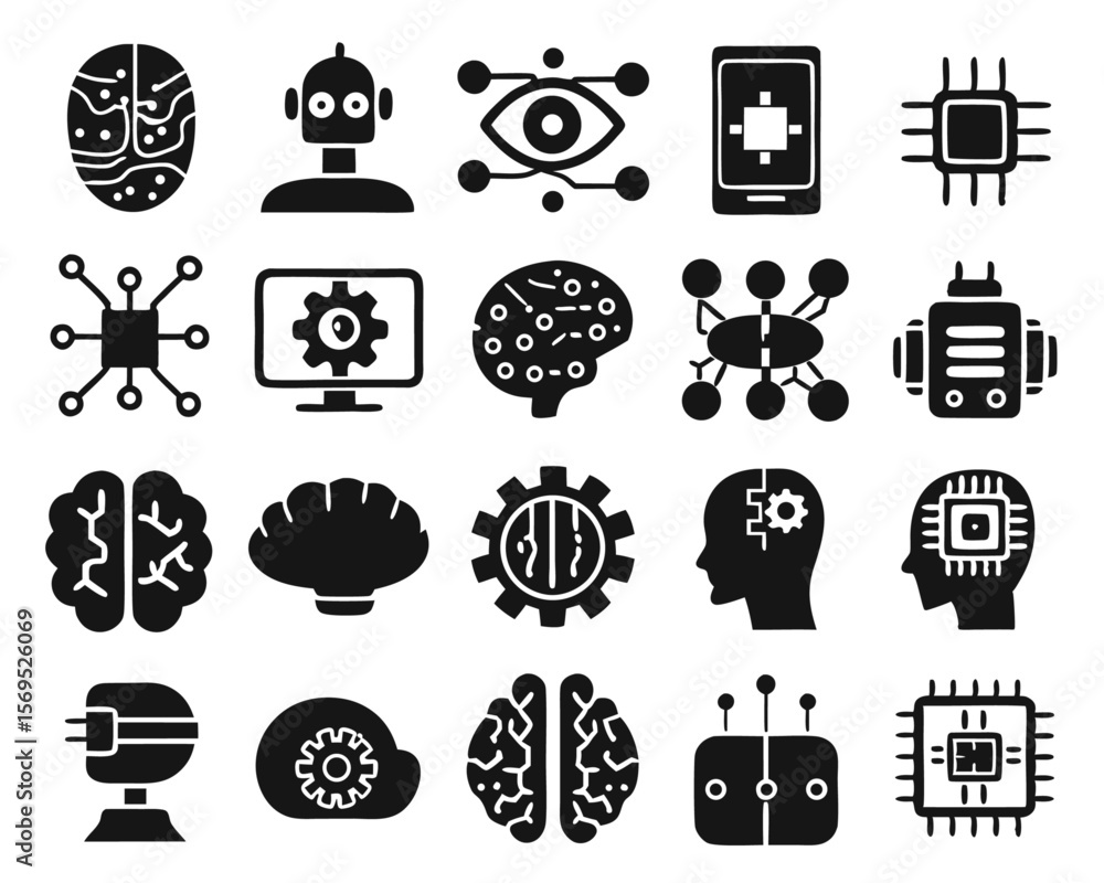 Poster comprehensive collection of forty distinct graphic symbols representing artificial intelligence conc