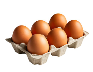 Brown chicken eggs in a cardboard tray isolated on a transparent background. Six brown raw eggs in png format png