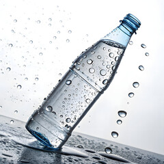 Photo of a tilted glass bottle filled with clear liquid and covered in droplets is surrounded by falling water