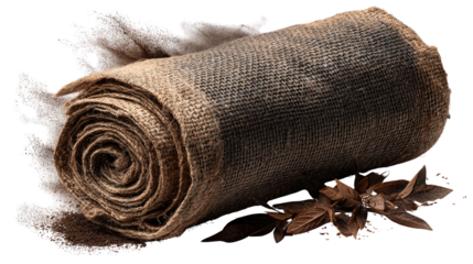 Rolled Burlap: A neatly rolled burlap creates a rustic touch, exuding a blend of natural texture and organic elegance. This close-up reveals every detail of its rugged surface.
