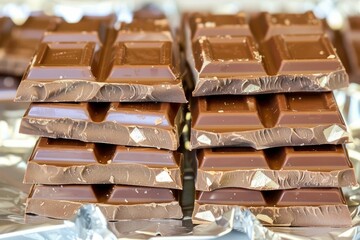 Delicious chocolate bars stacked neatly on aluminum foil at a confectionery shop