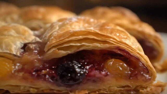 Close up of a steaming fruit strudel on a white plate in a dimly lit kitchen setting indoors