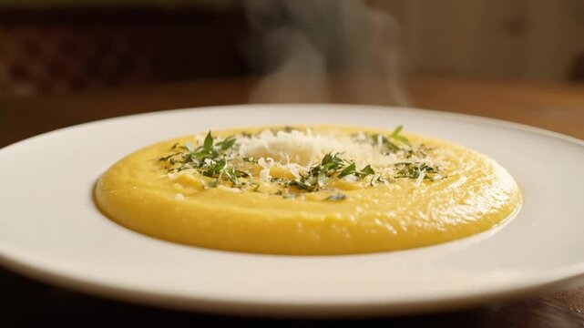 Close up of steaming polenta with cheese and herbs on a white plate on a wooden table top view