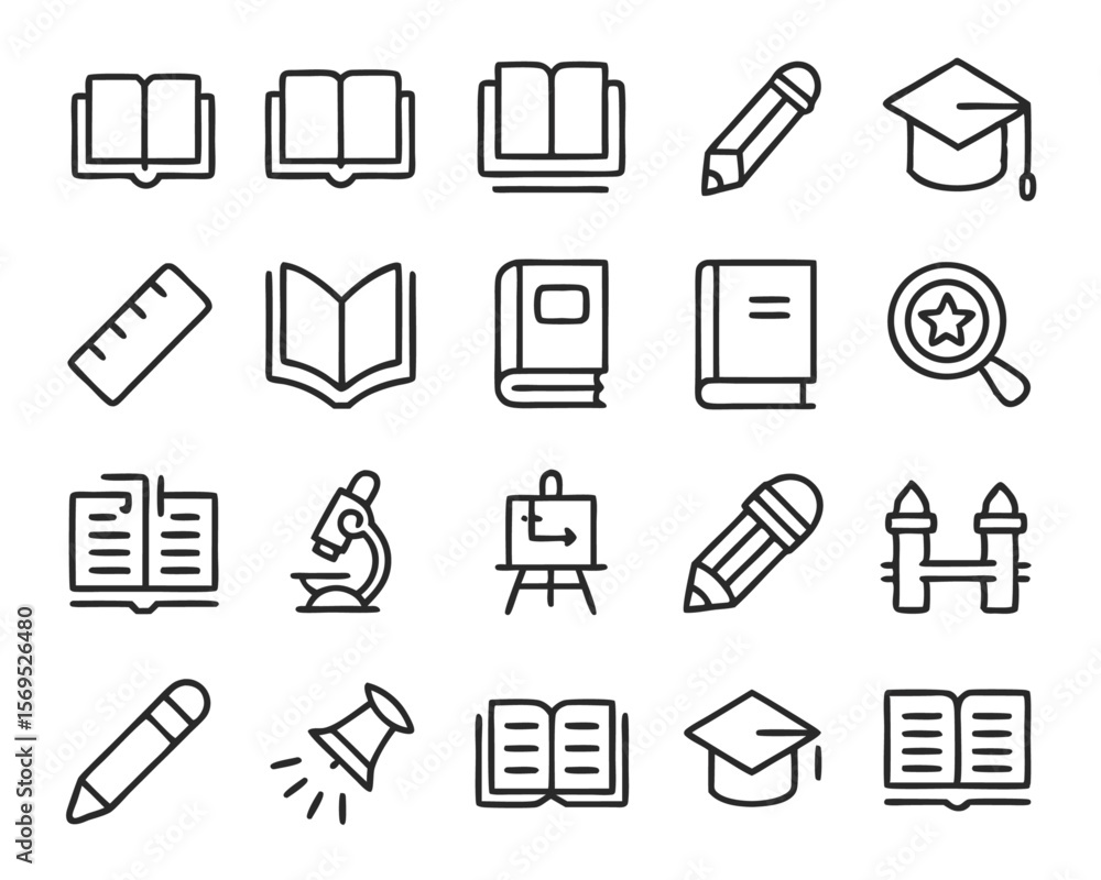 Poster comprehensive collection of educational icons representing study reading and learning concepts featu