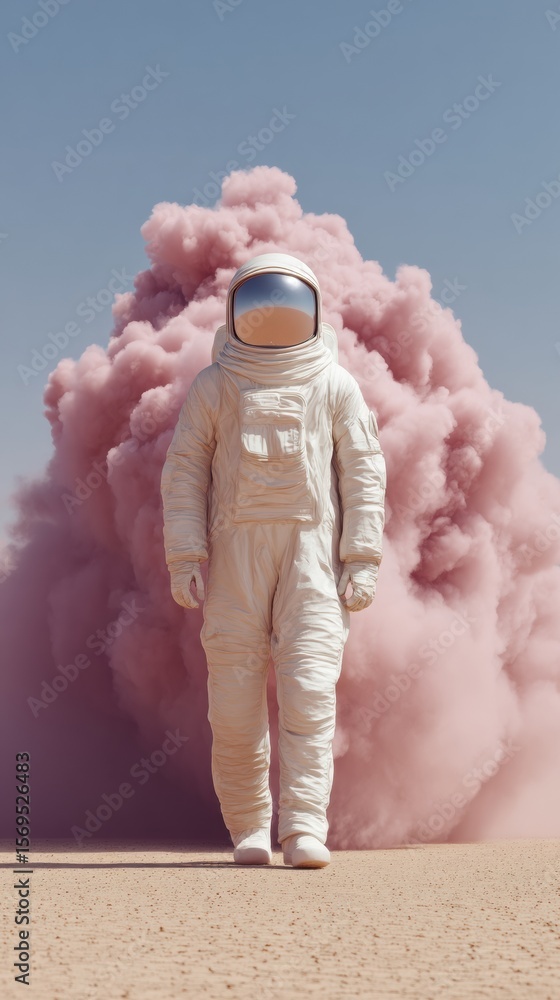 Poster professional high-quality astronaut in space suit on dusty barren terrain with reflective visor for 