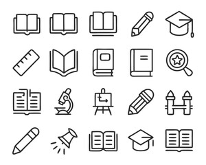 Comprehensive collection of educational icons representing study reading and learning concepts featuring books graduation caps and knowledge symbols in vibrant colors