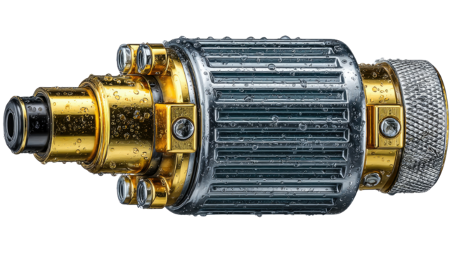 Precision Engineering: A close-up shot highlighting the intricate details of a golden and metallic mechanical component, showcasing the intersection of technology and design.